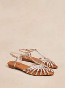 Rosivie 2025 新款女士镂空编织罗马凉鞋，时尚平底封闭式趾带休闲沙滩鞋 - 金色 - 查看 4