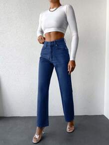 EURMUSE High Waist Straight Leg Jeans - Dark Wash - View 5