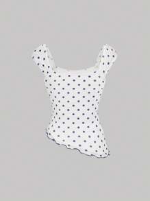 SHEIN MOD Asymmetric Bow Ruched Mesh Polka Dot Blouse Top - Navy Blue - View 2