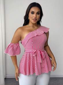 SHEIN Unity 大码编织条纹优雅休闲不对称领蝴蝶结衬衫 - 玫紅色 - 查看 4