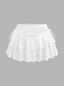 SHEIN EZwear 2 件套大码休闲迷你裙，春夏，俱乐部，机场，教师，度假，海滩女士短裙荷叶边裙迷你裙分层荷叶边裙 - 黑與白 - 查看 8