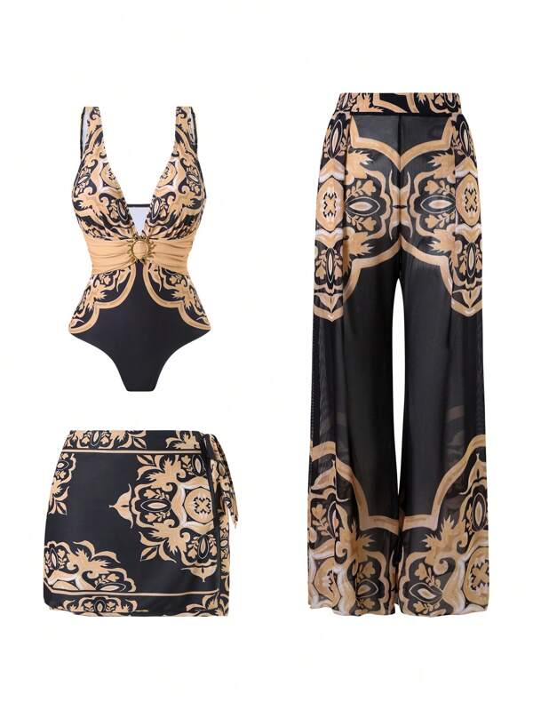 Swim Oasis 2025 Set nou de 3 bucăți pentru femei, costum de baie dintr-o singură piesă, imprimat, cu fustă și pantaloni de plasă, costum de baie casual dintr-o singură piesă, vară