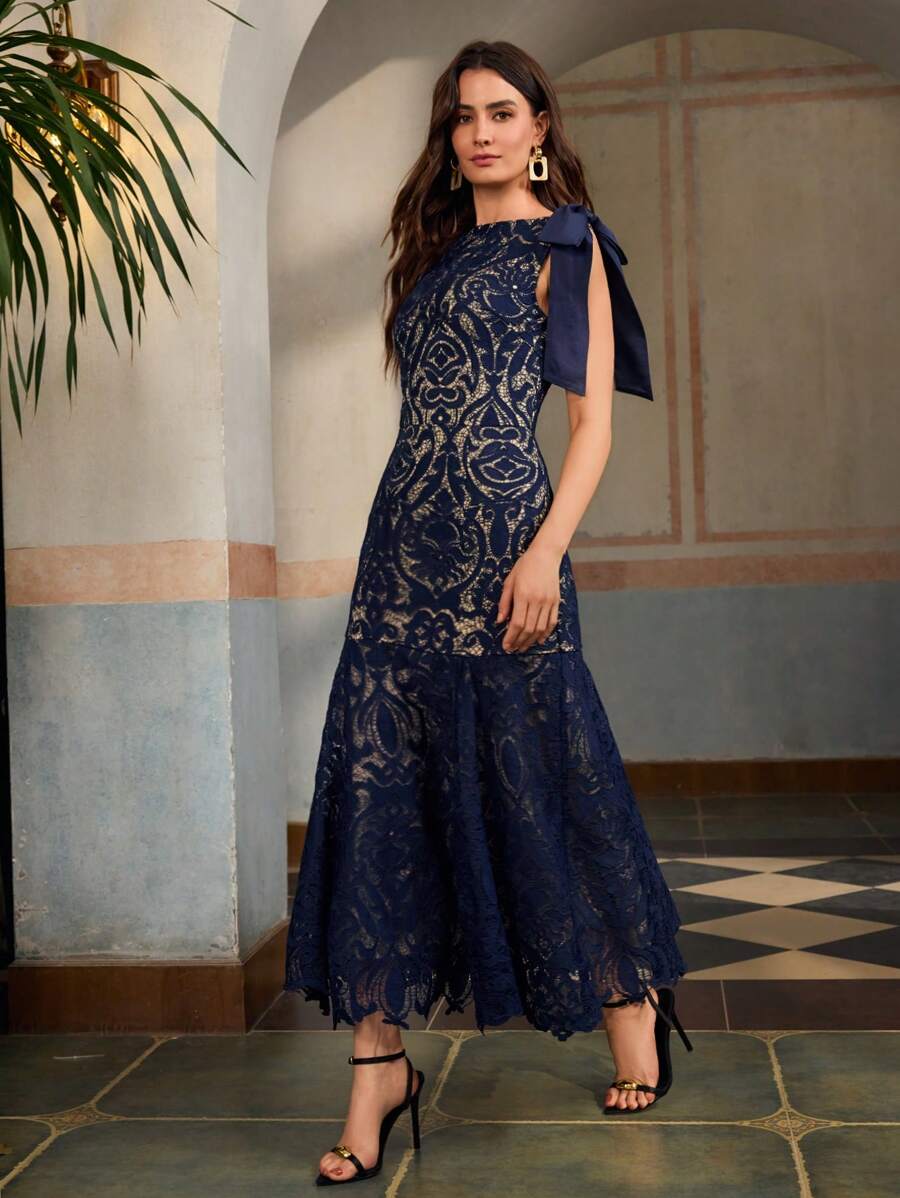 ZEYLAH Sleeveless Off Shoulder Bowknot Fishtail Lace Maxi Elegant Dress - Navy Blue - View 1