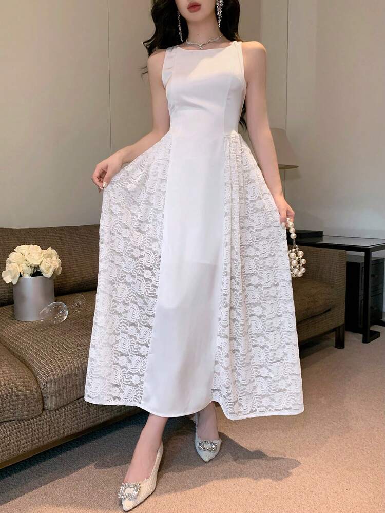 Women's Backless Lace Patchwork Fitted Elegant Sexy Casual Long Dress, Sleeveless, Summer,Formal Women Dresses