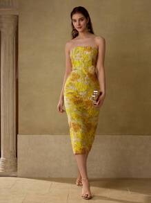 MOTF PREMIUM 花卉提花开衩下摆连衣裙