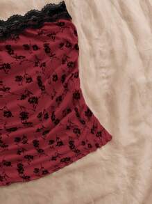 Soleia Summer Vacation Women Casual Apricot&Black Floral Print Spliced Lace Pleated Bow Top