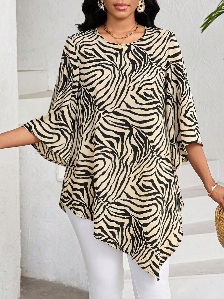 SHEIN Lady 动物印花不对称下摆女式衬衫上衣适合春夏休闲度假 - 彩色 - 查看 1