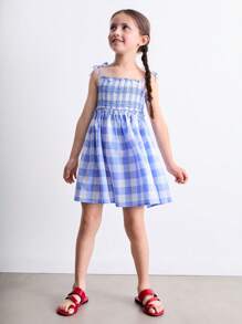 SHEIN Young Girl Cute Bow Strap Plaid Dress - Multicolor - View 6