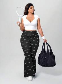 SHEIN Essnce Plus Size Women Knitted Denim Stretch Bow Print Flared Skinny Pants - Black - View 3