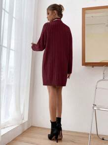 EURMUSE Solid Color Turtleneck Ribbed Knit Elegant And Fashionable Long Sleeve Sweater Dress - Burgundy - View 2