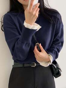 DAZY Suéter de cuello redondo de manga larga 2 en 1 para mujer, ropa de otoño - Azul - Ver 2