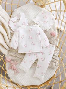 Bộ quần áo cardigan dài tay in họa tiết quả anh đào cho bé gái sơ sinh kèm mũ và yếm, thích hợp chụp ảnh tại nhà - trắng - Xem 2