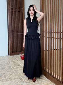 Breezaya Women's Long Waist-Cinching Sleeveless Button Up Elegant Dress - Black - View 6
