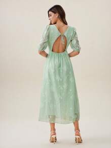 SHEIN Unity Vestido de mujer con cuello en V, estampado de jacquard, estilo de vacaciones - Verde - Ver 5