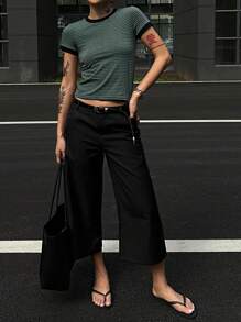 DAZY Women Crew Neck Contrast Trim Casual Striped Short Sleeve Fitted T-Shirt, Summer