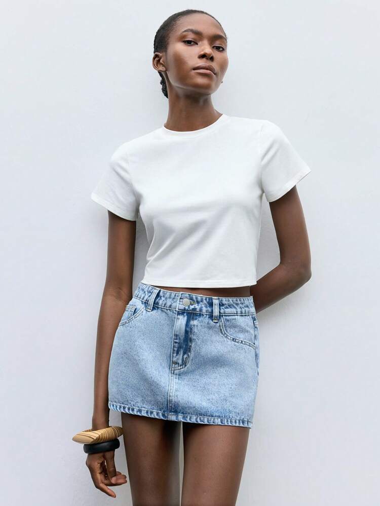 SHEIN Maija Women's Blue Denim Skirt Low Waist Mini Skirt, Exquisite Bow Embroidery Summer Denim Skirt College Style, Going Out,Autumn