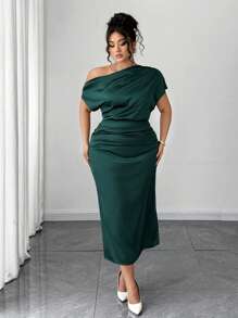 Elenzga Plus Size Women Satin Draped Neck Asymmetric Ruched Waist Slim A-Line Dress, Summer