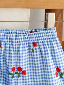 Girls (Small) Cute Plaid, Cherry Print Camisole Top & Casual Print Shorts Set, Suitable For Holiday, Summer