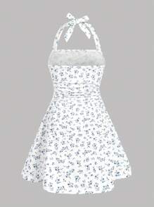 SHEIN Girlism Tween Girls Casual Chic Cute Ditsy Floral Halter Tie Waist Ruched A-Line Dress, School Or Vacation Wear