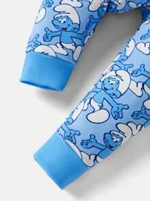 SHEIN X The Smurfs 男童卡通图案休闲白色短袖T恤和蓝色紧身裤睡衣套装 - 藍色 - 查看 3