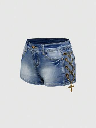 ROMWE Avant Shorts mini de tiro bajo con decoración lateral de metal desgastado en estilo vintage lavado para mujer