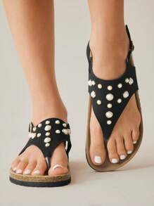 Solecia 女士新款棕色复古波西米亚海滩风格人字凉鞋，大珍珠装饰，别致扣环，舒适厚底，轻便度假风格平底凉鞋 - 黑色 - 查看 9