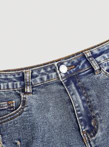 Girlism 少女Y2K春夏复古水洗低腰斜插口袋破洞牛仔迷你基础款短裤，毛边裤脚，适合女孩夏季海滩波西米亚风度假、夏季音乐会、音乐节、休闲派对、女孩夏季早午餐、教堂毕业典礼、街头风、返校派对等场合 - 藍色 - 查看 5