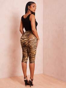 SHEIN SXY 女式休闲性感虎纹网眼透视图案七分紧身裤，夏季 - 彩色 - 查看 5