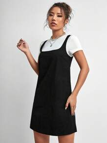 SHEIN EZwear Black Dress Solid Tank Dress Without Tee - Black - View 6