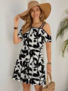 Glamance MB Studio Women's Elegant Black And White Silhouette Print Off Shoulder Mini Dress Office Women Outfits Going Out Outfits Work Clothes - Black - View 3