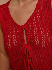 COSMINA Women Solid Color Hollow Out Lace-Up Camisole Top - Red - View 7