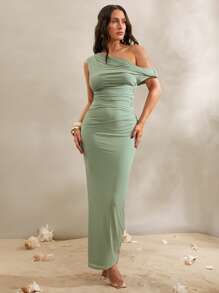 Silquee 女士纯黑色性感优雅不对称荷叶边修身连衣裙，适合海滩度假、闺蜜聚会、郊游、春假、泳池派对、欧洲度假、比基尼罩衫、假日装扮、小屋派对、扭结连衣裙、不对称编织连衣裙、度假连衣裙、不对称肩部连衣裙 - 薄荷綠 - 查看 6