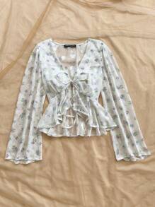 Soleia 女式 V 领花卉印花喇叭袖衬衫，带荷叶边下摆，适合春夏季度假、音乐节、波西米亚风、约会和下午茶 - 藍色 - 查看 5