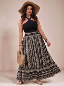 SHEIN VCAY Plus Size Women Bohemian Style Geometric Printed Skirt