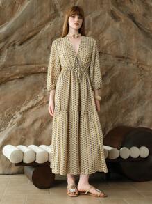 EMERY ROSE 法式时尚宽松舒适印花泡泡袖连衣裙，高档衬衫裙 - 黃色 - 查看 6