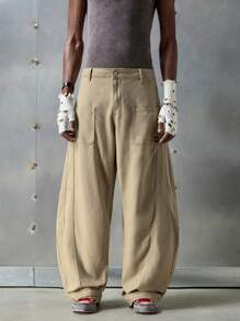 NEON BLANC Men's Street Fashion Woven Embroidered Pocket Letter Print Barrel Leg Baggy Pants - Khaki - View 2