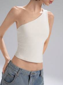 LYSMO 2025年夏季新款女式不对称露背单肩修身上衣，金属环细节和侧系带设计。完美契合辣妹风格、极简主义日常穿着和前卫休闲时尚，不对称上衣 - 白色 - 查看 3