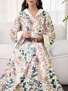SHEIN Najma 优雅奢华花卉印花长袖宽松阿拉伯风格女式连衣裙 - 彩色 - 查看 1