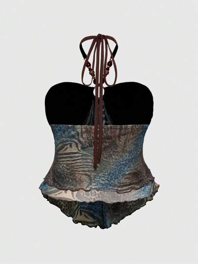 Hippie Chaleco halter de cuello de leopardo para mujer con empalme, decoración de cadena y cuentas en estilo vintage Y2K de talla grande