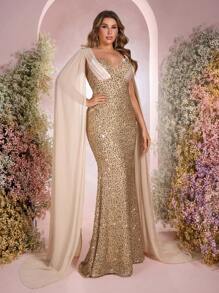 Glamrae Plus Size Elegant Luxury Sweetheart Neck Sequin Chiffon Mermaid Evening Gown Suitable For Wedding, Party, Date, Ball, Formal Occasion (Exquisite Embroidered Design), For Wedding Guest - Beige - View 7
