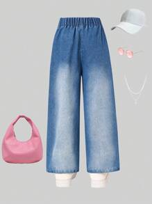 Nuevo conjunto de verano para niñas de 4 a 7 años, pantalones rosas con diseño de lazo hecho a mano y jeans azules anchos de pierna ancha, sueltos y cómodos, adecuados para uso diario al aire libre y de vacaciones