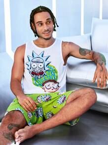 Rick and Morty X SHEIN 2 pezzi/set pigiama estivo da uomo con maglietta bianca e pantaloncini con stampa a pixel cartoonistica - Bianco - Visualizzare 6