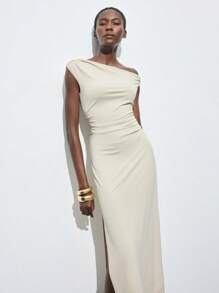 Maija 2025秋冬不对称肩部镂空连衣裙，金属环装饰，优雅都市浪漫Y2K乡村音乐节复古风，适合机场旅行、街头、婚礼嘉宾、生日、万圣节、商务休闲、约会、派对、返校 - 杏色 - 查看 7