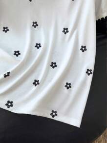 Everyssa Áo thun nữ cổ tròn tay ngắn họa tiết hoa mùa hè thường ngày - trắng - Xem 6