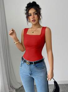 Selianne Camiseta sin mangas de cuello cuadrado casual roja para mujer - Rojo - Ver 5