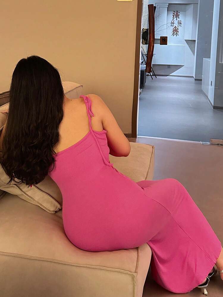 Solid Color Tie Wrap Long Slip Dress, Vacation Style