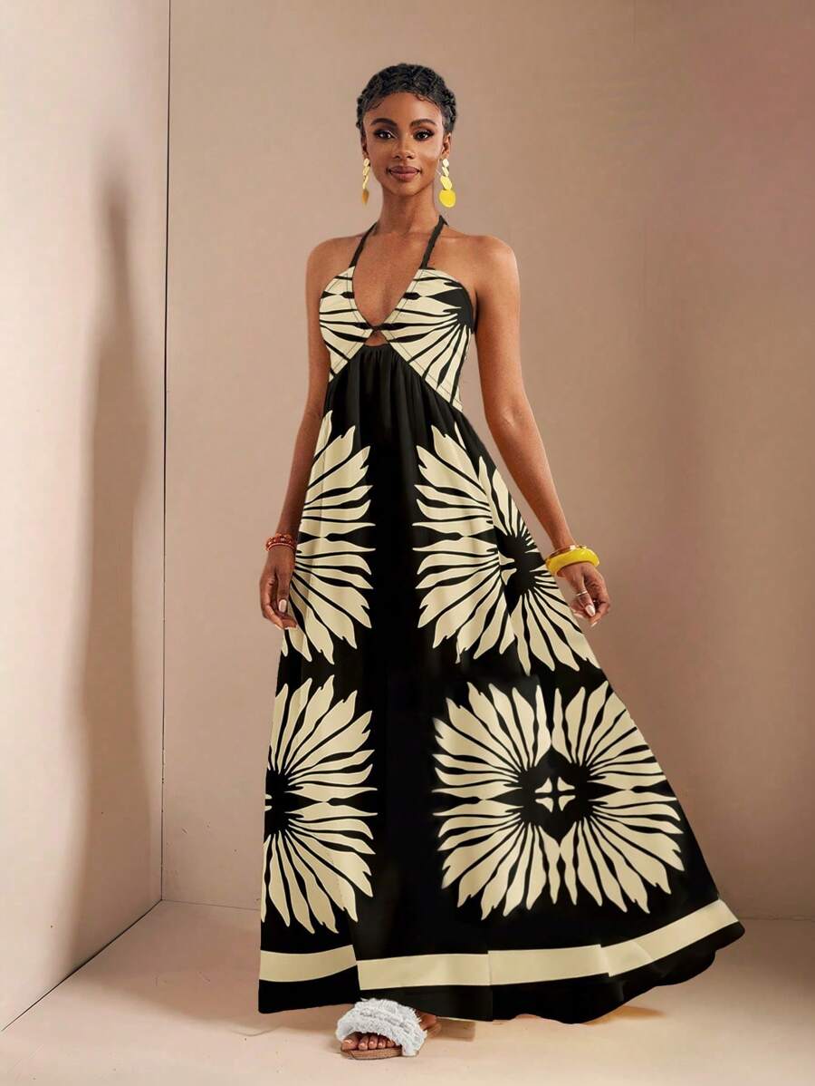 Zivah 女士休闲度假抽绳V领露背高开衩连衣裙，印花，适合夏季度假 - 彩色 - 查看 1