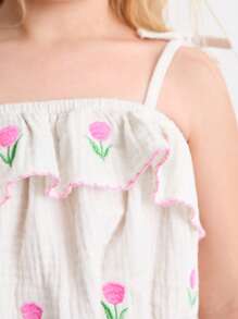 SHEIN Young Girls Floral Embroidered Top/Vest And Mini Skirt Set - Multicolor - View 4