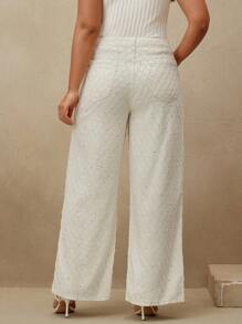 Anewsta Women's Elegant Modern Plaid Textured Sequin Embellished Pants - Apricot - View 2