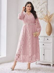 Modelyn Plus Size Women's Solid Color Simple Daily Lace Decorated Dress,Elegant Evening Party Dress Long Evening Dresses - Dusty Pink - View 1